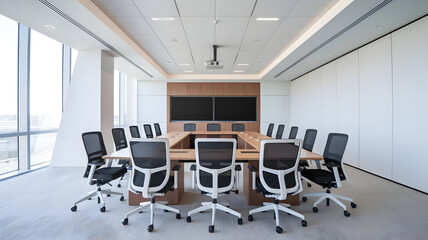 Modern Conference Room with Large Windows and U Shaped Table for Corporate Meetings and Presentations business environment with sleek design and minimalist aesthetic