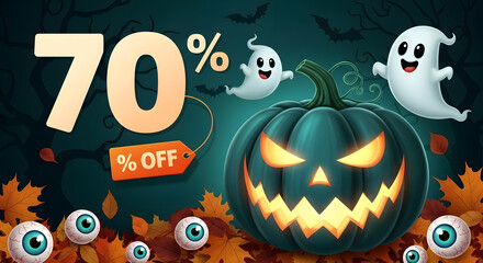 Halloween 70 percent off sale with pumpkin and ghosts