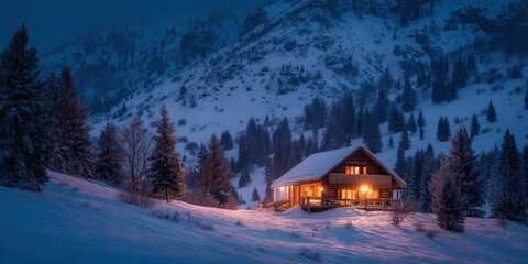 A wooden cabin glowing with warm lights in the snowy mountains at night