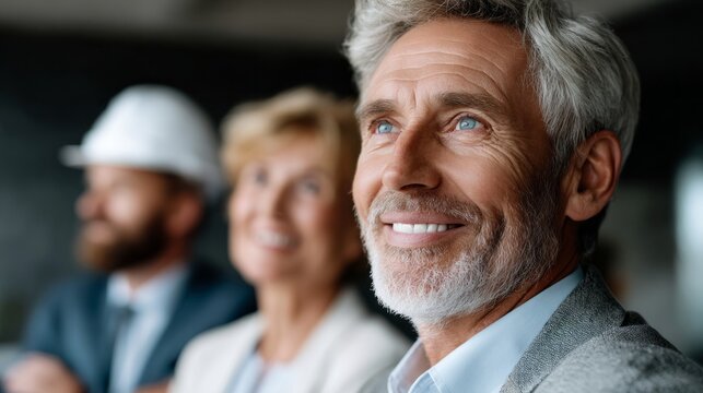 Smiling architects and happy engineers collaborate in a modern workspace with a focus on creativity and innovation