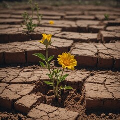 A flower blooming from a broken brick in dry soil