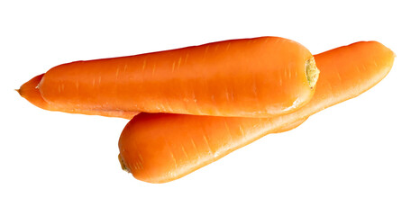 Side view of three fresh orange carrot roots in stack isolated on white background with clipping path