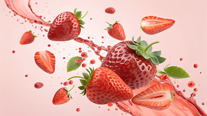 Fresh stawberry pieces flying around. 3d design, Suitable for food, beverage and design elements	
