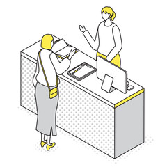 女性受付と女性来訪者の会話イラスト