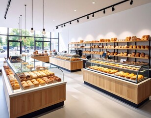 Modern bakery interior displaying freshly baked breads and pastries in well lit setting