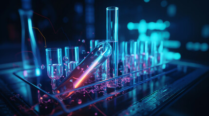 Biotech chemistry lab glowing under cool neon blue lights, holographic data overlays, dropper poised above a swirling multicolor solution in a test tube