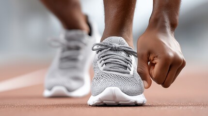 A determined athlete is getting ready to run on a smooth track