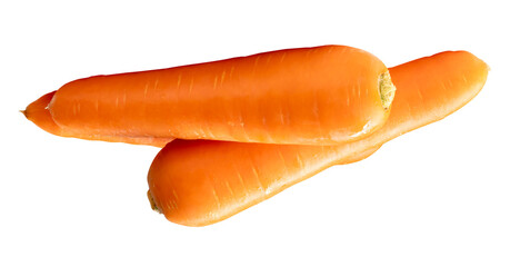 Side view of three fresh orange carrot roots in stack isolated with clipping path in png file format