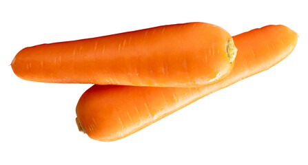 Side view of two fresh orange carrot roots in stack isolated with clipping path in png file format