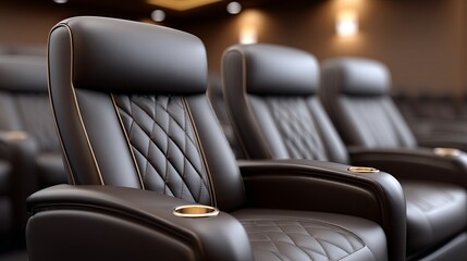 Comfortable theater seating with coffee cup in upscale cinema setting