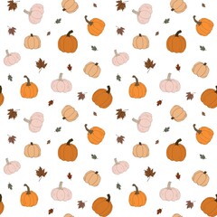 Hand drawn autumn pumpkins and leaves seamless pattern 