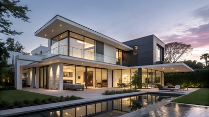 Fototapeta premium Luxury Modern House Exterior with Glass Walls and Pool at Sunset