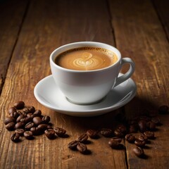 Hot coffee cup on wooden table, plain studio background.
