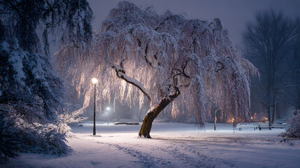 Detailed winter view of a tree blanketed in snow, similar to a weeping willow, under soft lighting