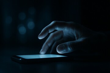 Hand scrolling on a smartphone in a dark, moody setting