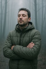 Fototapeta premium Man doing a mindful breathing exercise in a foggy autumn forest