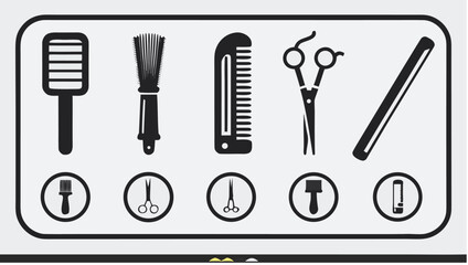 Obraz premium Illustration of various black and white hairdressing tools including combs brushes and scissors in a frame | editable eps vectors silhouette
