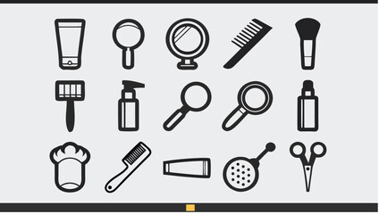 Collection of various beauty and grooming tools including brushes mirrors and containers in black outline |  editable eps vectors silhouette