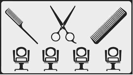 Obraz premium Illustration of a barbershop with comb, scissors and chairs arranged in a simple graphic style | editable eps vectors silhouette