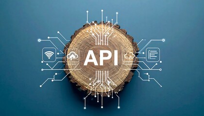 API Concept: Wood Slice with Digital Network and Cloud Computing Icons on Blue Background