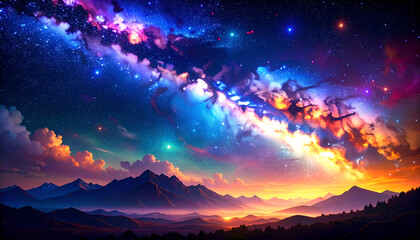Fototapeta premium Colorful Galaxy Over Mountains.