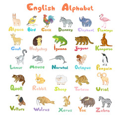 Obraz premium English Animal Alphabet for Kids. Cartoon Letters and Funny Animal Drawings