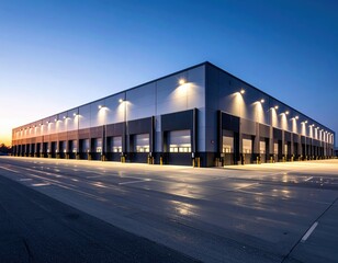 Modern industrial warehouse exterior at dusk with illuminated facade and clear sky