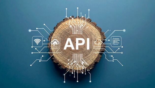 API Concept: Wood Slice with Digital Network and Cloud Computing Icons on Blue Background