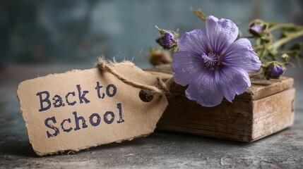 &ldquo;Back to School&rdquo; tag & purple flowers, suitable for school - opening ritual and growth.