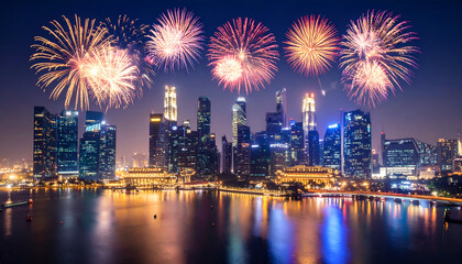 Fireworks over City Skyline at Night.
