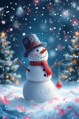 Fototapeta premium Fondo festivo de Navidad con un adorable personaje de muñeco de nieve en un paisaje nevado y un cielo nocturno azul.