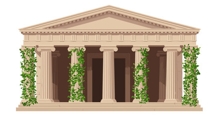 Naklejka premium Ancient Greek temple with columns and ivy on facade , for architects, historians, and educational materials in cultural heritage studies