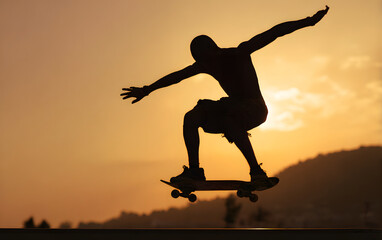 Silhouette skater performing a trick on a skateboard