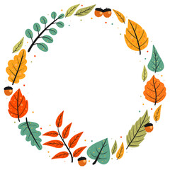 Set with autumn leaf circle frame. Doodle floral fall elements. Isolated vector illustration.
