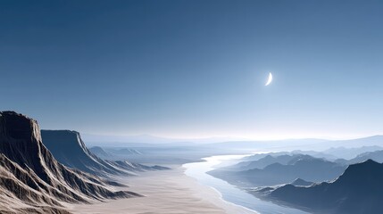 Cratered Lunar Landscape with Canyon and River Under a Bright Sun