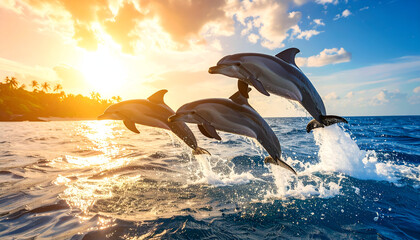 Dolphins leaping sunset ocean.