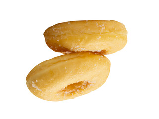 Side view of two brown sugar glazed cinnamon donuts in stack isolated on white background with clipping path