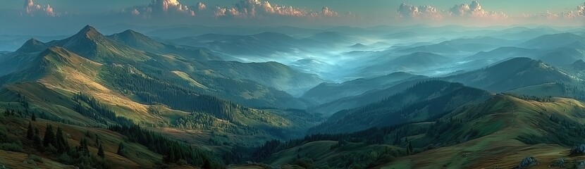 Obraz premium Morning Mist Over Layered Mountains with Light & Shadow, for Natural Landscape Design & Poetic Atmosphere