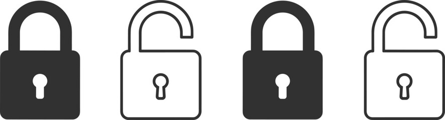 Padlock icons set, locked and unlocked states, security symbols, privacy design, vector outline, access control