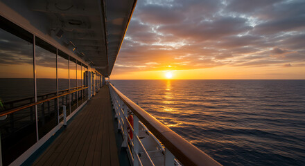 Fototapeta premium A golden sunset over the tranquil ocean viewed from the empty promenade deck of a cruise ship.