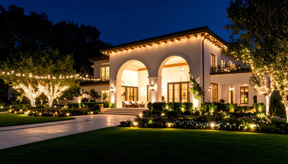 Luxurious Nighttime Villa with Festive Lights.