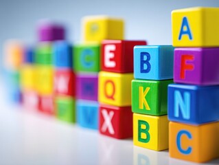 Colorful blocks stacked, each with a different letter, receding into a blurred background