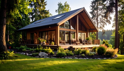 Modern Wooden House with Forest Setting.