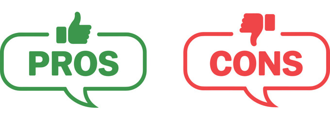 Pros and cons icons, thumbs up and down, speech bubbles, decision concept, vector illustration, red green
