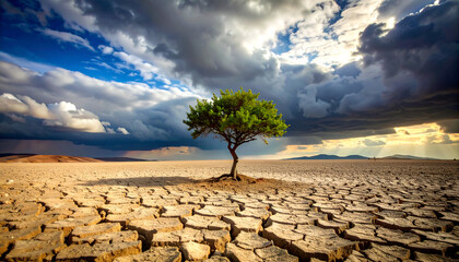 Lone Tree with Dry Desert, and Stormy Sky.