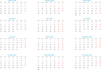 Complete Calendar for 2026, High Resolution Image.