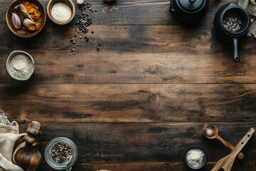 Rustic Wooden Table with Various Spices, Herbs, Flour, and Kitchen Utensils for Cooking Preparation and Culinary Inspiration in a Cozy Setting