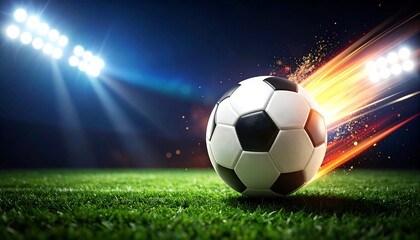 Soccer Ball with Fiery Trail on Illuminated Field at Night
