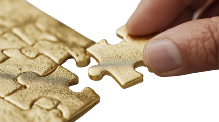 Hand placing a golden puzzle piece into the final spot of a puzzle, modern photo collage style, isolated on transparent background