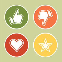 Vibrant social media feedback icons - Like, Dislike, Heart, Star. Flat style vector icons for apps, websites, UI design, and social media content